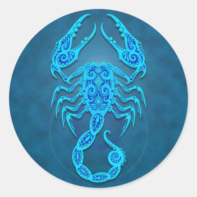 Intricate Blue Tribal Scorpio Classic Round Sticker (Front)