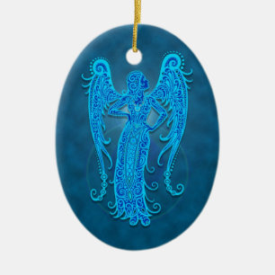 Intricate Blue Tribal Virgo Ceramic Tree Decoration