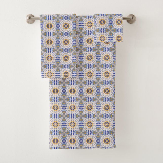 intricate blue, yellow, & white geometric pattern  bath towel set (Insitu)