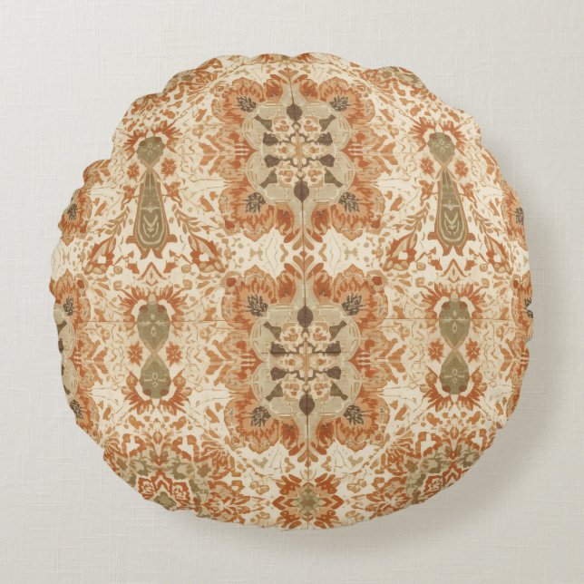 Intricate Bohemian Tile Pattern in Earthy Terracot Round Cushion (Front)