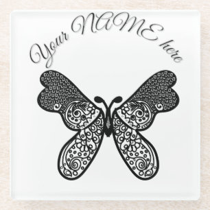 Intricate Boho Mandala Butterfly Black and White A Glass Coaster
