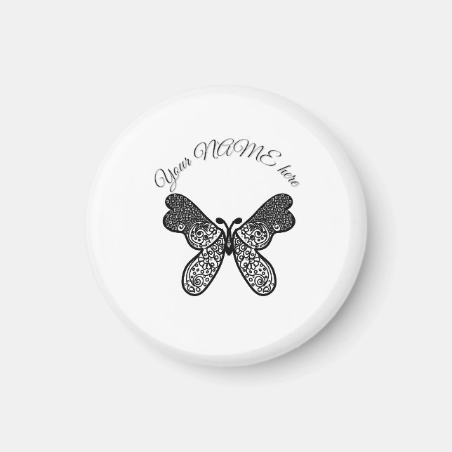 Intricate Boho Mandala Butterfly Black and White A Magnet (Front)