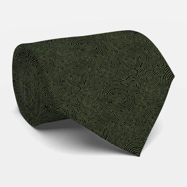 Intricate Deep Olive Green Abstract Fingerprint Tie (Rolled)