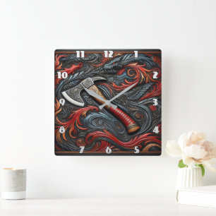 Intricate Fireman's Axe Amidst Swirling Designs Square Wall Clock
