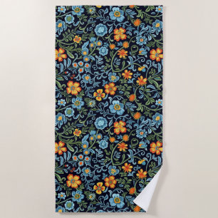 Intricate Floral Art: Blue and Orange Flowers Beach Towel