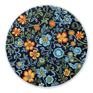 Intricate Floral Art: Blue and Orange Flowers  Ceramic Knob