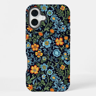 Intricate Floral Art: Blue and Orange Flowers iPhone 16 Plus Case