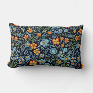 Intricate Floral Art: Blue and Orange Flowers Lumbar Cushion