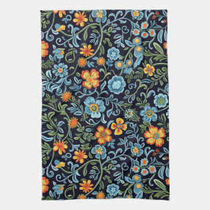 Intricate Floral Art: Blue and Orange Flowers Tea Towel