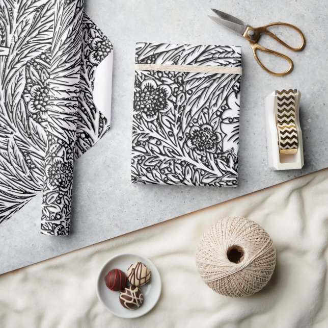 Intricate Floral Design in Black and White Wrapping Paper (Crafts)