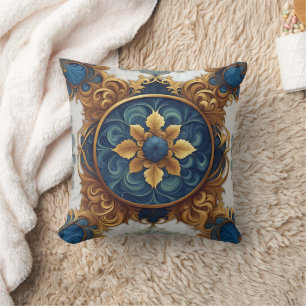Intricate Floral Design in Blue and Gold Cushion