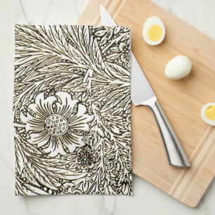 Intricate Floral Design in Brown and White Tea Towel
