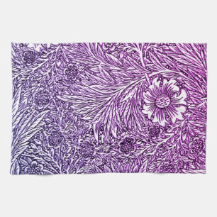 Intricate Floral Design in Purple Hues and White Tea Towel