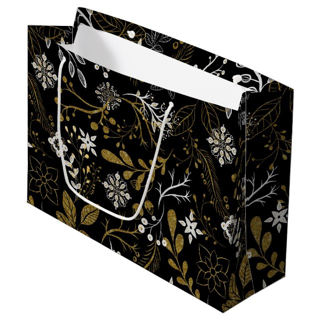 Intricate floral pattern with gold and white  large gift bag (Front Angled)