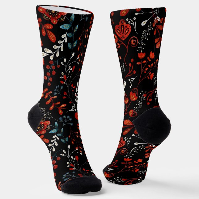 Intricate floral pattern with gold and white  sock (Angled)