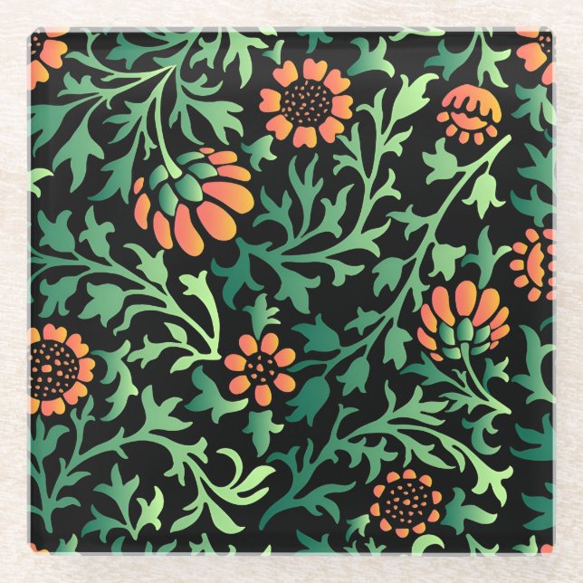 Intricate Floral Pattern with Green Leaves Glass Coaster (Front)