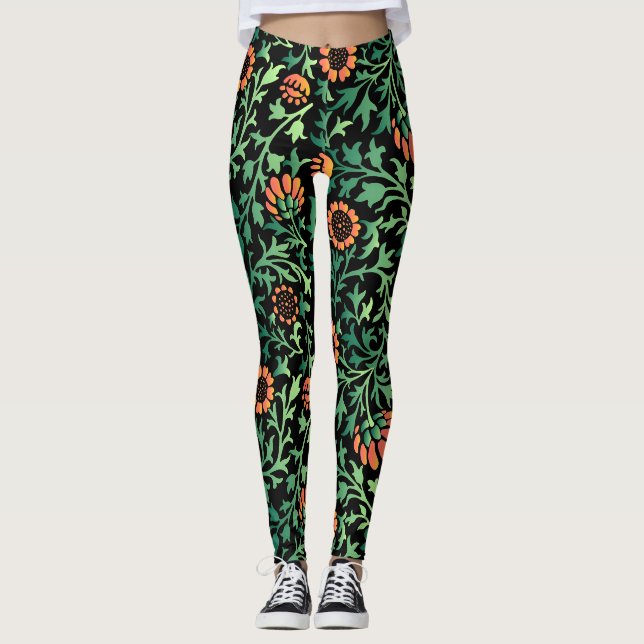 Intricate Floral Pattern with Green Leaves Leggings (Front)