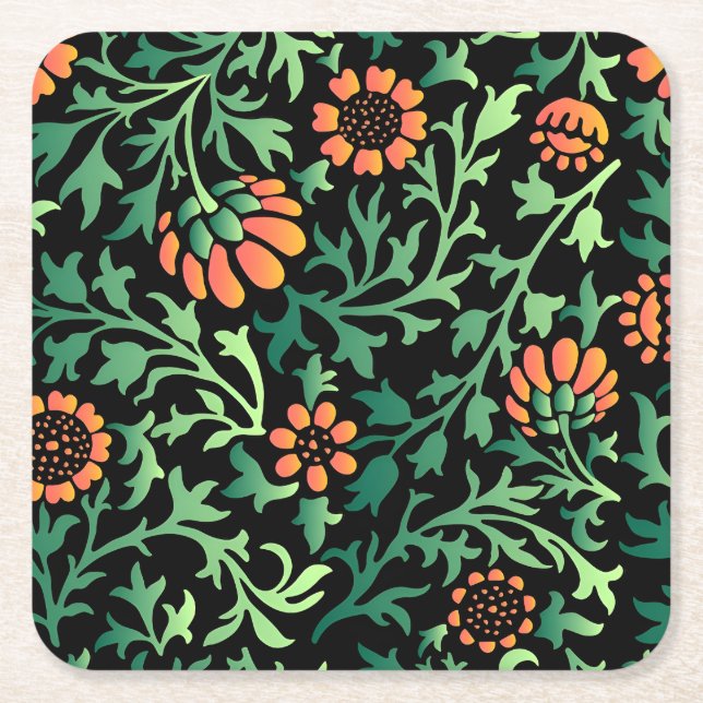 Intricate Floral Pattern with Green Leaves Square Paper Coaster (Front)
