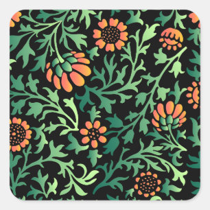Intricate Floral Pattern with Green Leaves Square Sticker