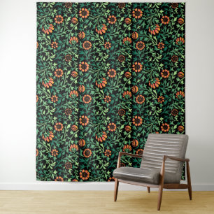 Intricate Floral Pattern with Green Leaves Tapestry