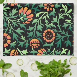 Intricate Floral Pattern with Green Leaves Tea Towel