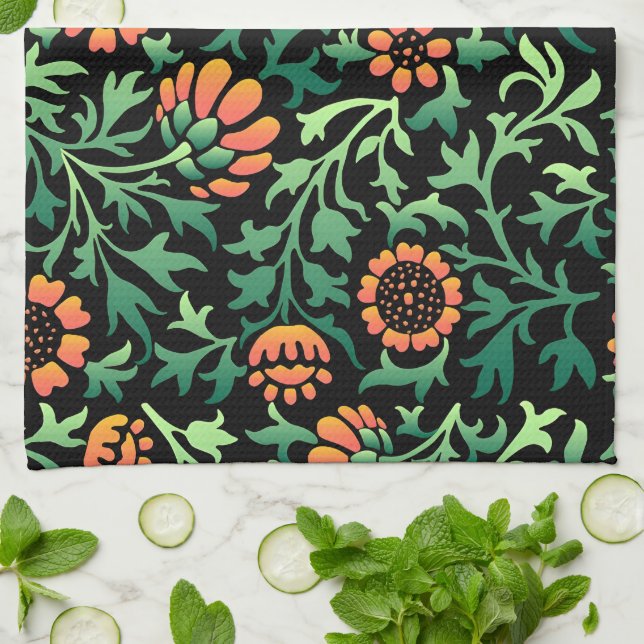 Intricate Floral Pattern with Green Leaves Tea Towel (Folded)