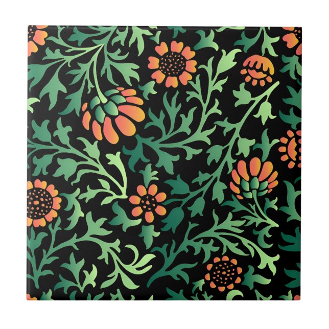 Intricate Floral Pattern with Green Leaves Tile (Front)