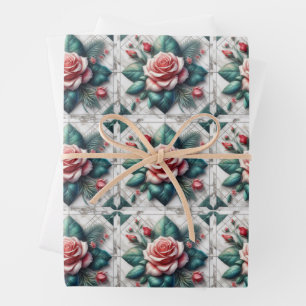 Intricate Floral Tile Mosaic Artwork Wrapping Paper Sheet