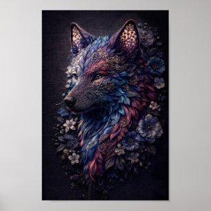 Intricate Floral Wolf Purple Blue Spirit animal Poster