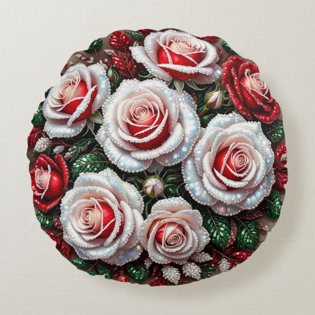 Intricate Gem Embellished Floral Design Round Cushion (Front)