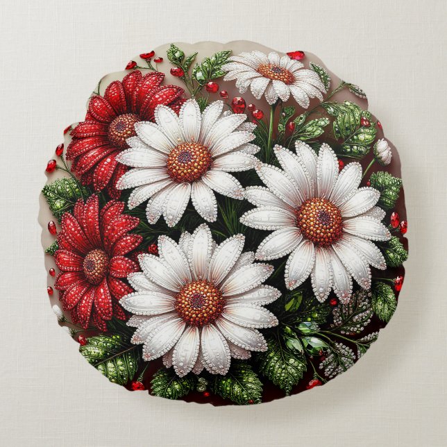 Intricate Gem Embellished Floral Design Round Cushion (Front)