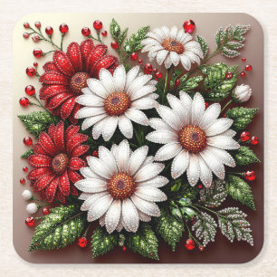 Intricate Gem Embellished Floral Design Square Paper Coaster