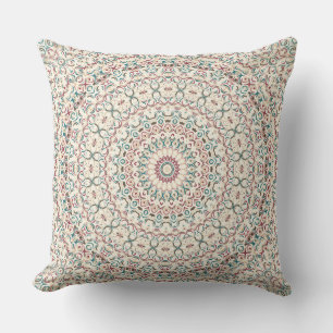Intricate Geometric Mandala in Teal, Rose, & Sand Cushion