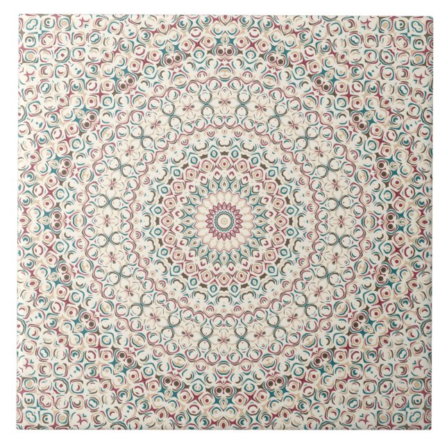 Intricate Geometric Mandala in Teal, Rose, & Sand Tile (Front)