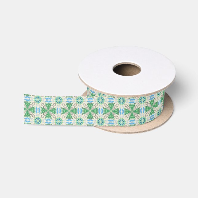 Intricate geometric pattern with green and beige  satin ribbon (Spool)