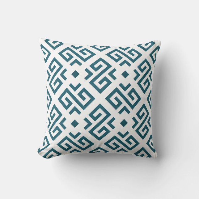 Intricate geometric pattern with teal Greek Cushion (Front)