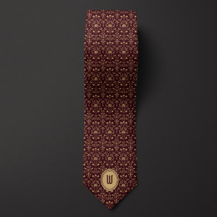 Intricate Gold and Burgundy Floral Monogram Tie