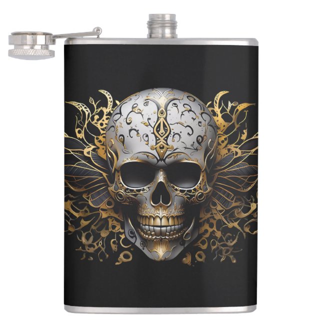  Intricate Gold Smiling Tribal Skull Hip Flask (Opened)