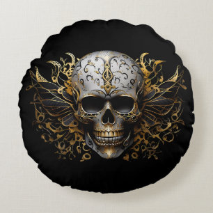 Intricate Gold Smiling Tribal Skull Round Cushion