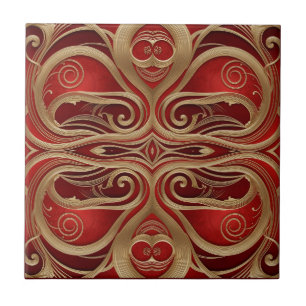 Intricate Gold Swirls on Luxurious Red Canvas Tile