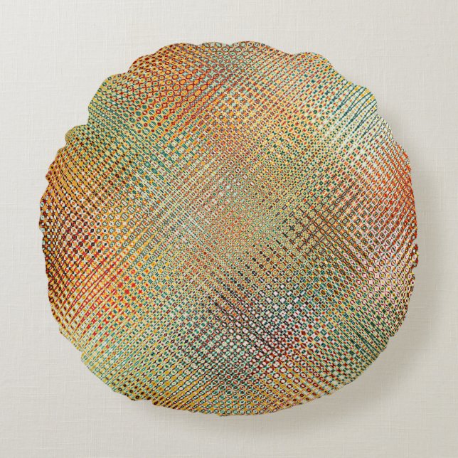 Intricate Gold Yellow Pink Red Green Pattern Round Cushion (Front)