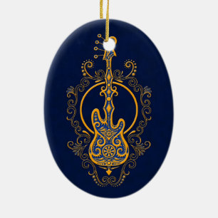 Intricate Golden Blue Bass Guitar Design Ceramic Tree Decoration