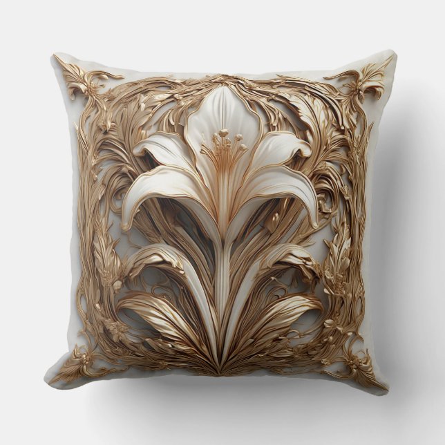 Intricate Golden Embellished Floral Relief Cushion (Front)