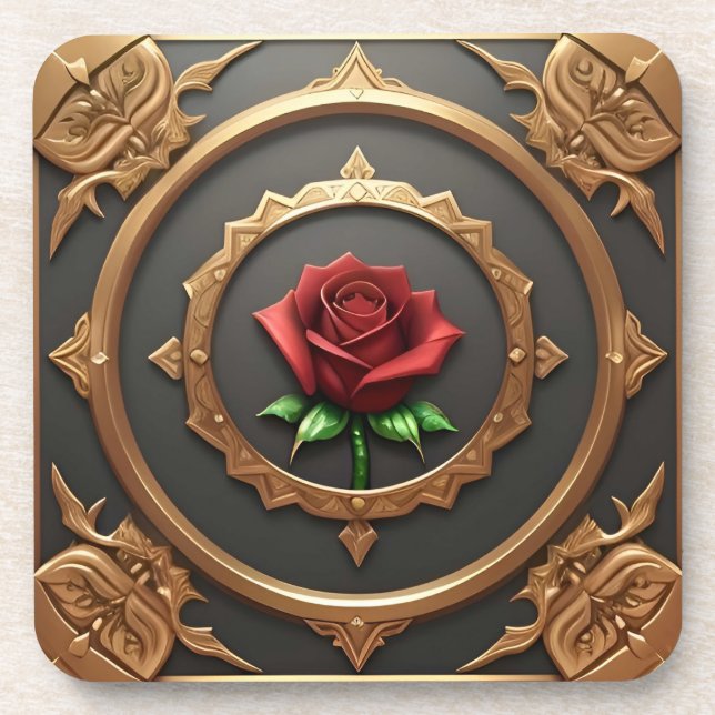 Intricate Golden Frame with Red Rose Coaster (Front)