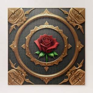 Intricate Golden Frame with Red Rose Jigsaw Puzzle