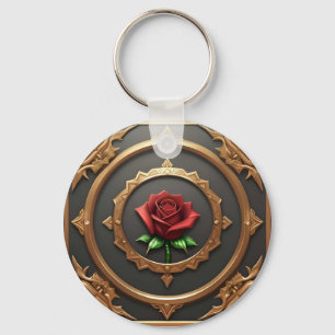 Intricate Golden Frame with Red Rose Key Ring