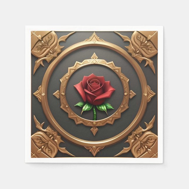 Intricate Golden Frame with Red Rose Napkin (Front)