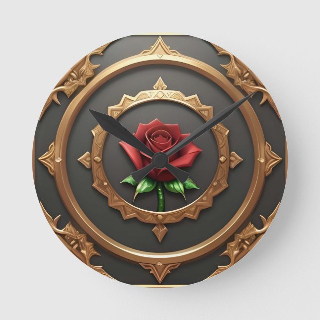 Intricate Golden Frame with Red Rose Round Clock (Front)
