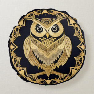 Intricate Golden Owl Art – Symbolic Ornamental Round Cushion