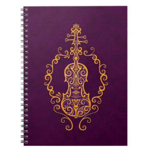 Intricate Golden Purple Violin Design Spiral Notebook